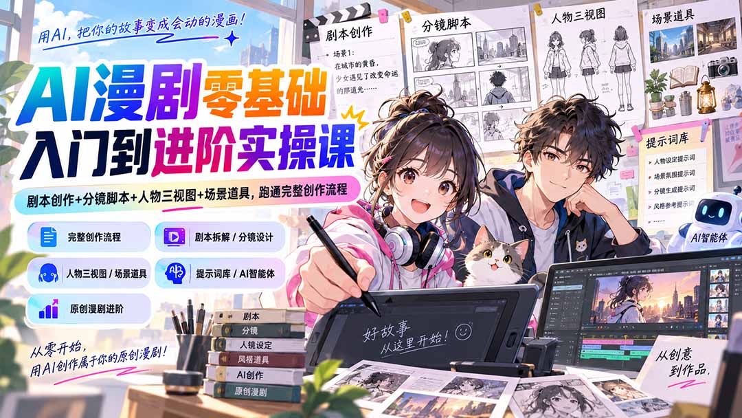 AI漫剧零基础入门到进阶实操课：剧本创作+分镜脚本+人物三视图+场景道具，跑通完整创作流程-鼎誉项目网