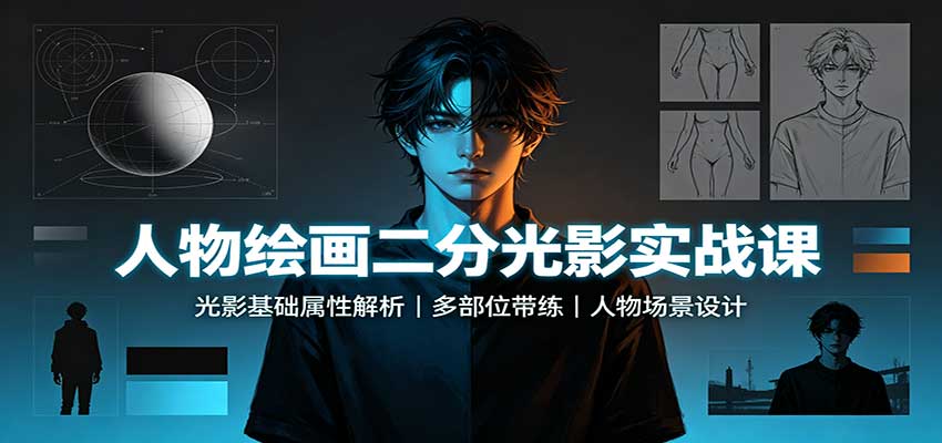 人物绘画二分光影实战课：光影基础属性解析，多部位带练，人物场景设计-鼎誉项目网
