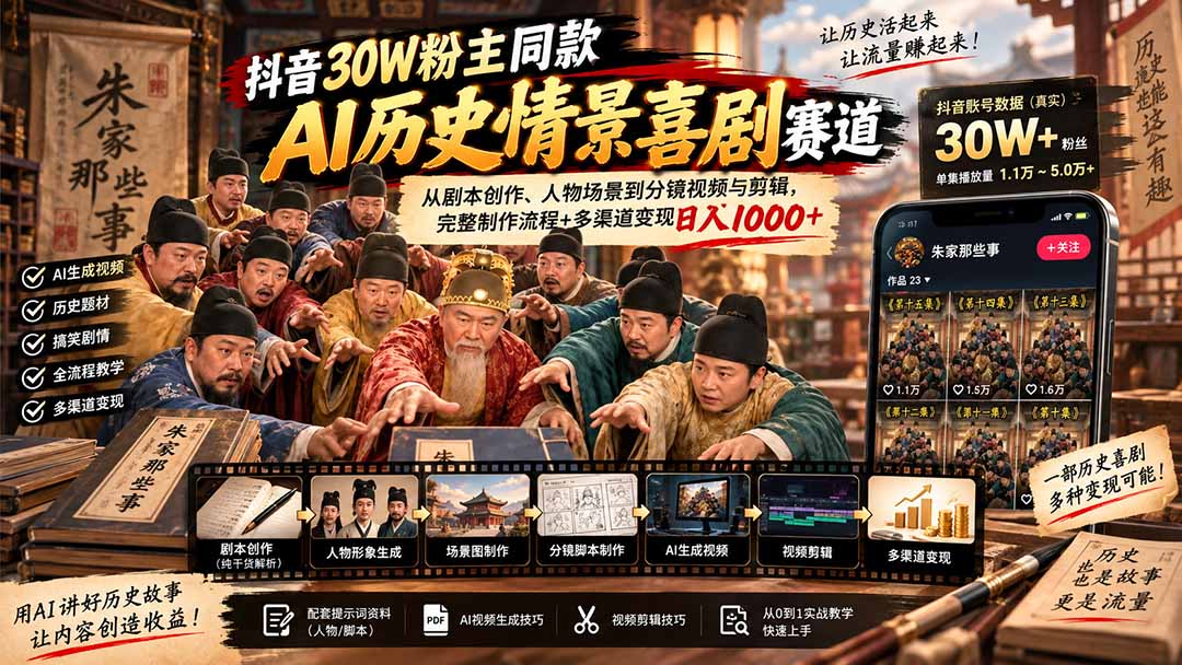 抖音30W粉博主同款AI历史情景喜剧赛道:从剧本创作、人物场景到分镜视频与剪辑,完整制作流程+多渠道变现日入1000+-鼎誉项目网