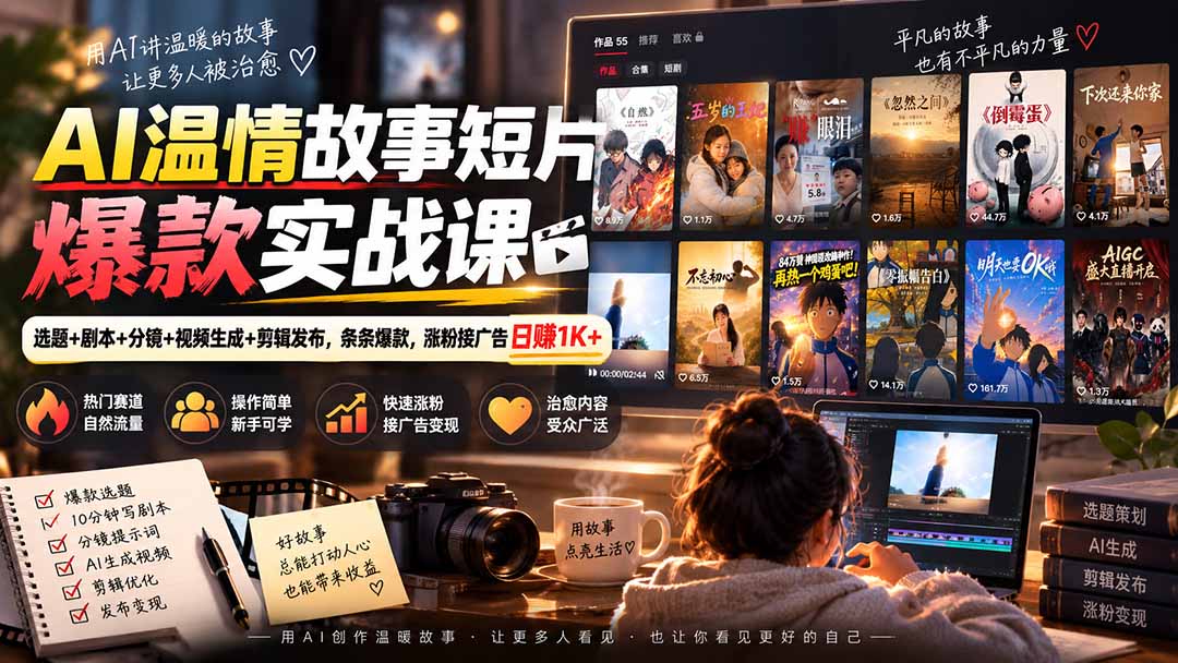 AI温情故事短片爆款实战课-更新｜选题+剧本+分镜+视频生成+剪辑发布，条条爆款，涨粉接广告日赚1K+-鼎誉项目网