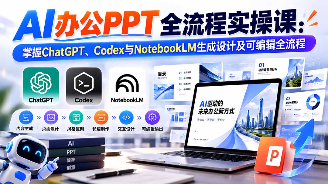 【无水印】AI办公PPT全流程实操课： 掌握ChatGPT、Codex与NotebookLM生成设计及可编辑全流程-鼎誉项目网