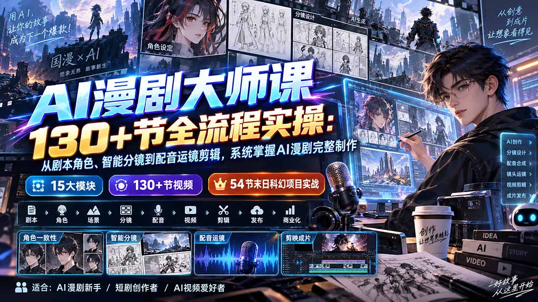 AI漫剧大师课130+节全流程实操：从剧本角色、智能分镜到配音运镜剪辑，系统掌握AI漫剧完整制作-鼎誉项目网