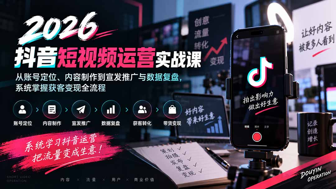 2026抖音短视频运营实战课：从账号定位、内容制作到宣发推广与数据复盘，系统掌握获客变现全流程-鼎誉项目网