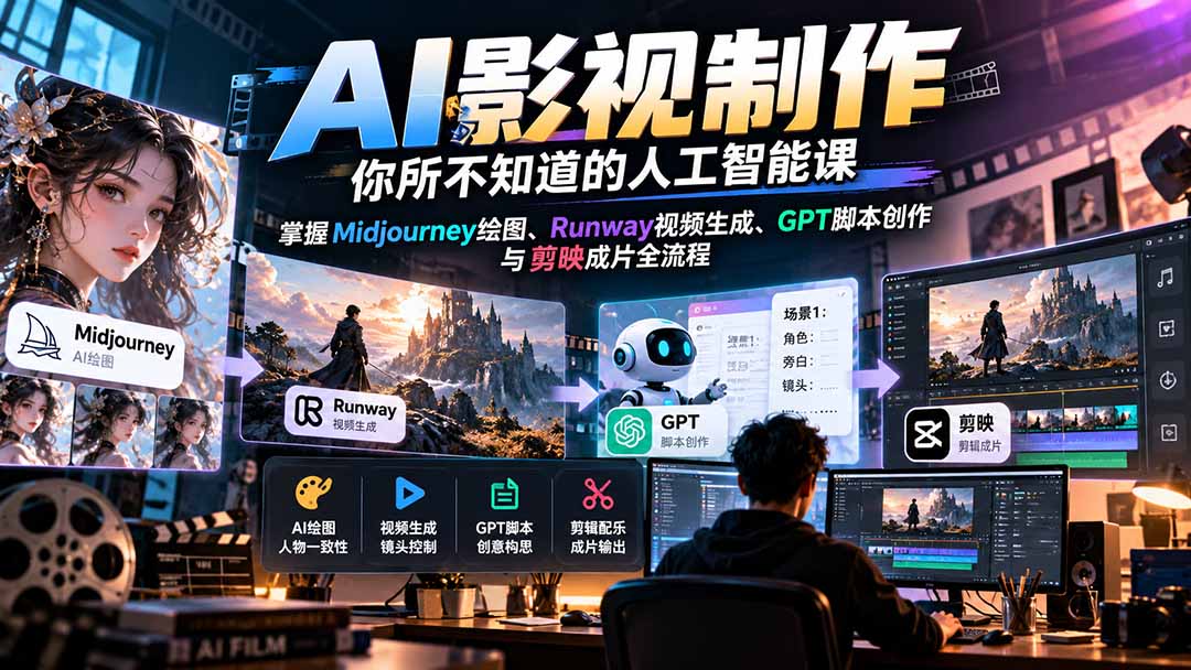 【无水印】AI影视制作-你所不知道的人工智能课,掌握Midjourney绘图、Runway视频生成、GPT脚本创作与剪映成片全流程-鼎誉项目网