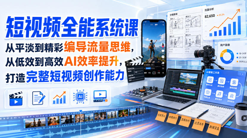 短视频全能系统课，从平淡到精彩编导流量思维，从低效到高效AI效率提升，打造完整短视频创作能力(完整版)-鼎誉项目网