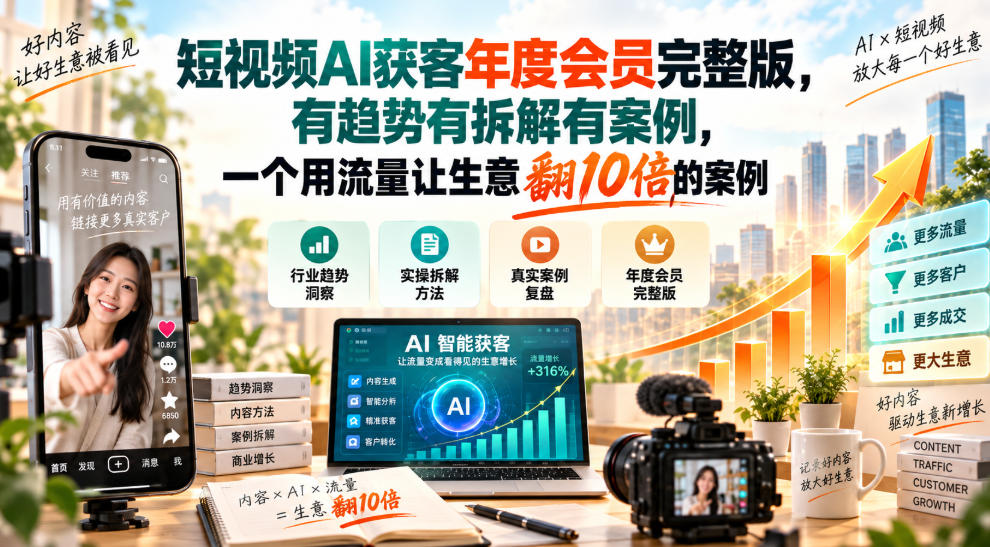 短视频AI获客年度会员完整版，有趋势有拆解有案例，一个用流量让生意翻10倍的案例-鼎誉项目网