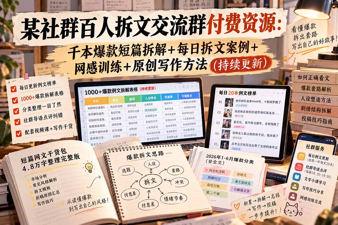 某社群百人拆文交流群付费资源-更新0929：千本爆款短篇拆解+每日拆文案例+网感训练+原创写作方法-鼎誉项目网