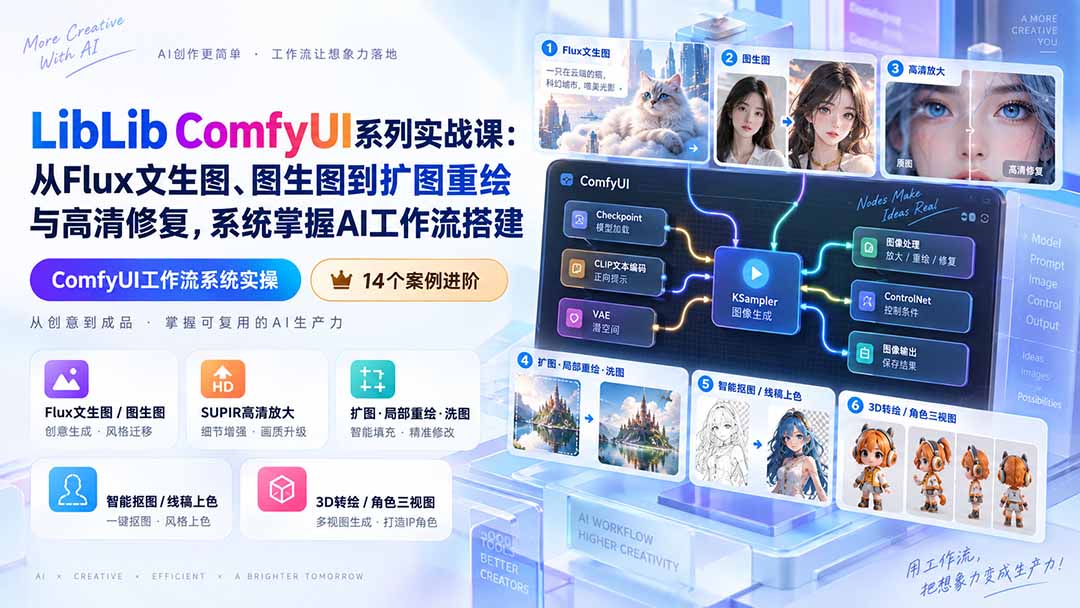 LibLib ComfyUI系列实战课:从Flux文生图、图生图到扩图重绘与高清修复,系统掌握AI工作流搭建-鼎誉项目网