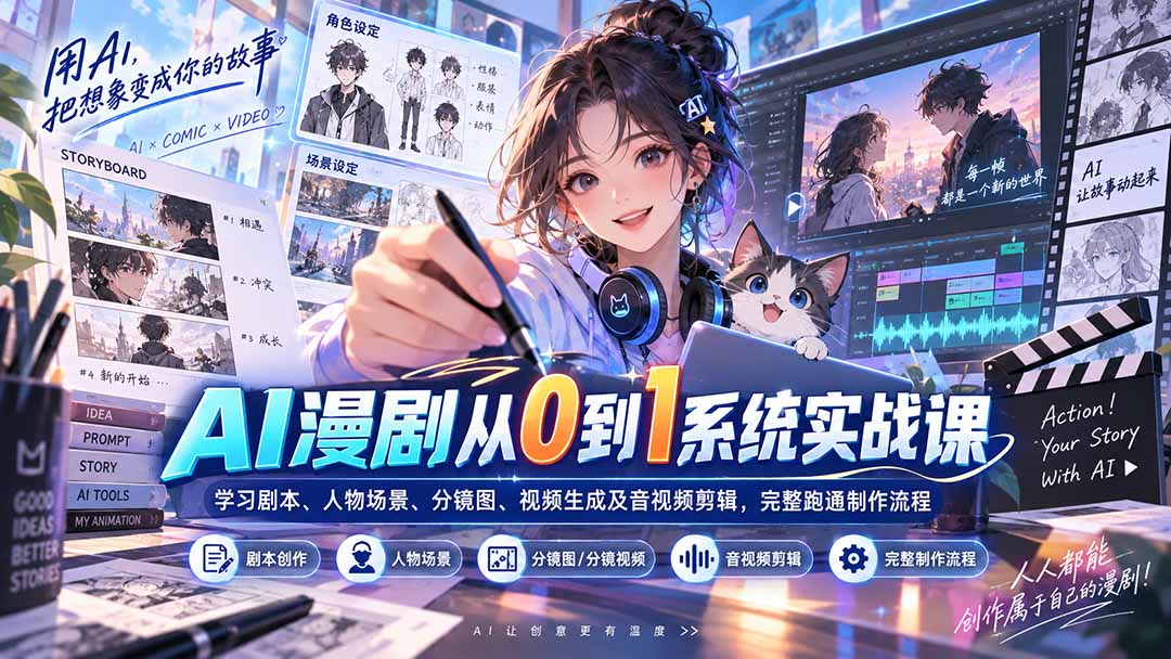 AI漫剧从0到1系统实战课：学习剧本、人物场景、分镜图、视频生成及音视频剪辑，完整跑通制作流程-鼎誉项目网