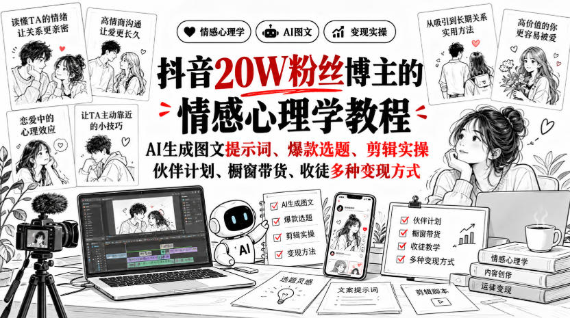 抖音20W粉丝博主静候心声的情感心理学教程,AI生成图文提示词、爆款选题、剪辑实操,伙伴计划、橱窗带货、收徒多种变现方式-鼎誉项目网