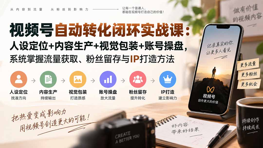 视频号自动转化闭环实战课：人设定位+内容生产+视觉包装+账号操盘，系统掌握流量获取、粉丝留存与IP打造方法-鼎誉项目网