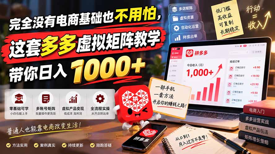 完全没有电商基础也不用怕，这套多多虚拟矩阵教学带你日入 1000+-鼎誉项目网
