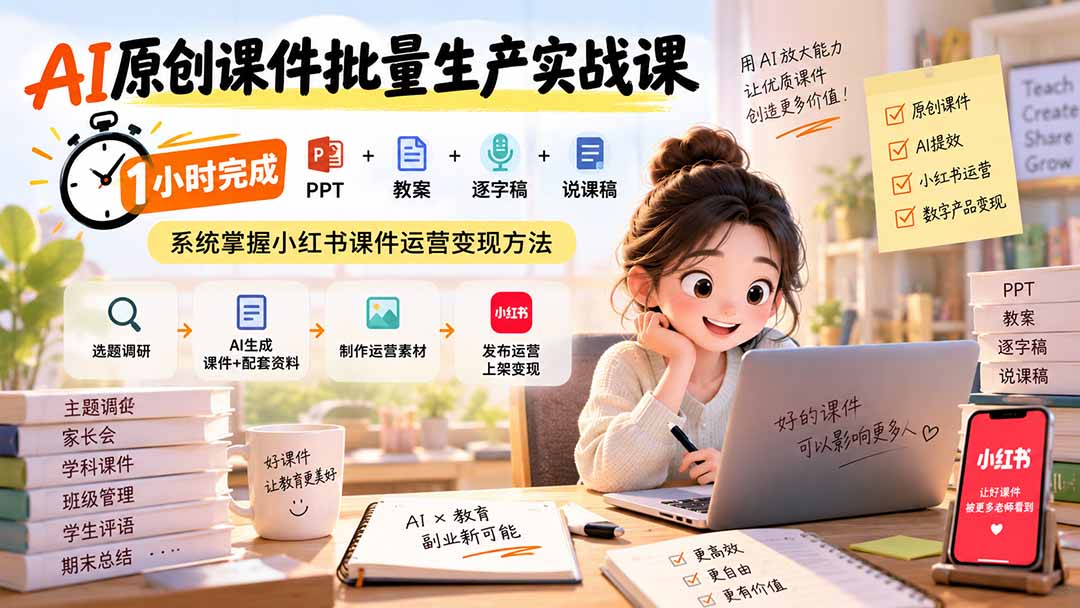AI原创课件批量生产实战课：1小时完成PPT+教案+逐字稿+说课稿，系统掌握小红书课件运营变现方法-鼎誉项目网