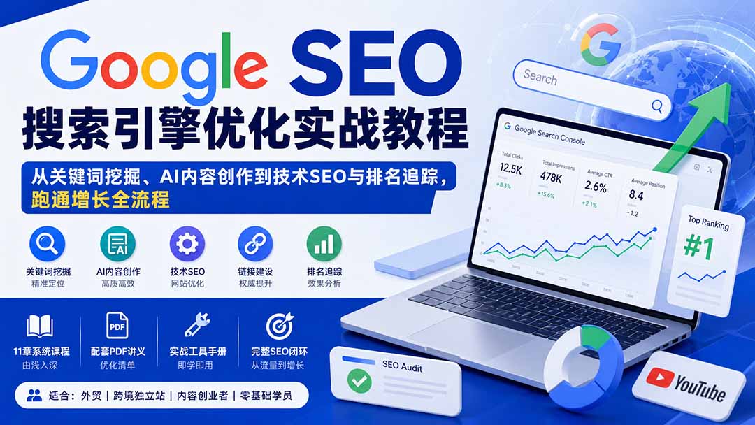 Google SEO搜索引擎优化实战教程：从关键词挖掘、AI内容创作到技术SEO与排名追踪，跑通增长全流程-鼎誉项目网