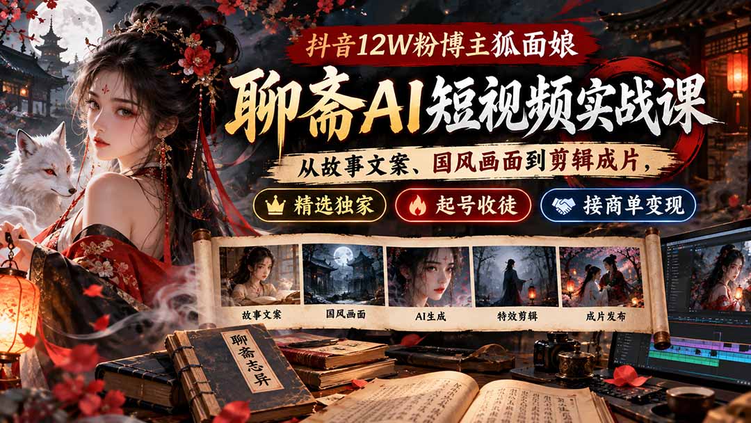 抖音12W粉博主狐面娘-聊斋AI短视频实战课：从故事文案、国风画面到剪辑成片，精选独家+起号收徒+接商单变现-鼎誉项目网