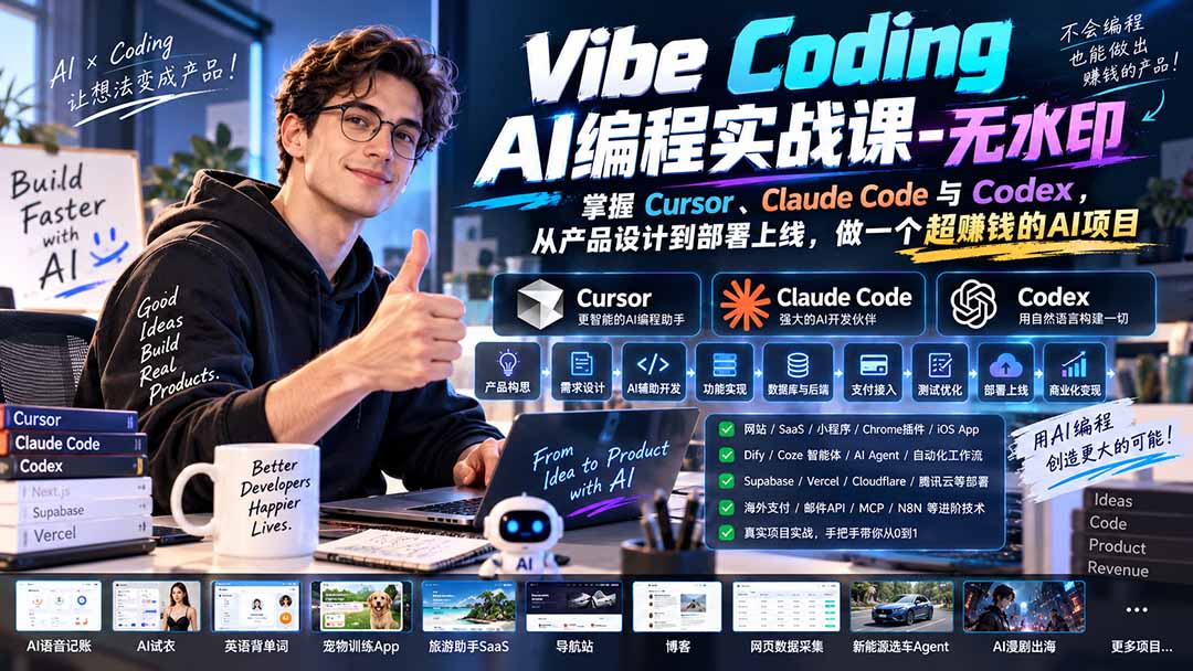 Vibe Coding AI编程实战课-无水印：掌握Cursor、Claude Code与Codex，从产品设计到部署上线，做一个超赚钱的AI项目-鼎誉项目网