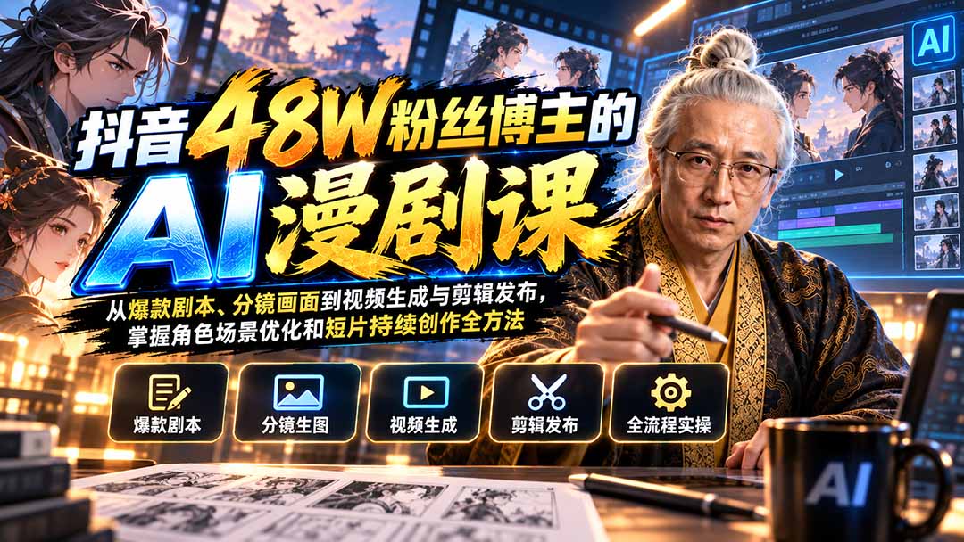 抖音48W粉丝博主的AI漫剧课：从爆款剧本、分镜画面到视频生成与剪辑发布，掌握角色场景优化和短片持续创作全方法-鼎誉项目网