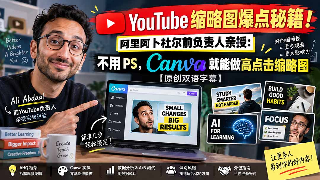 YouTube 缩略图爆点秘籍！阿里阿卜杜尔前负责人亲授：不用 PS，Canva 就能做高点击缩略图【原创双语字幕】-鼎誉项目网