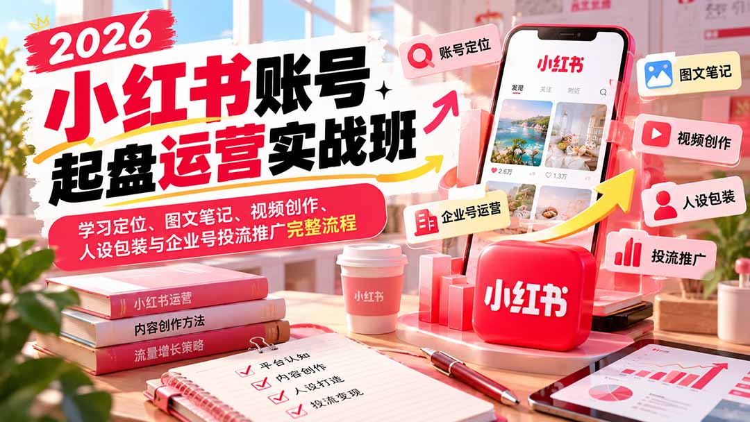 2026小红书账号起盘运营实战班:学习定位、图文笔记、视频创作、人设包装与企业号投流推广完整流程-鼎誉项目网