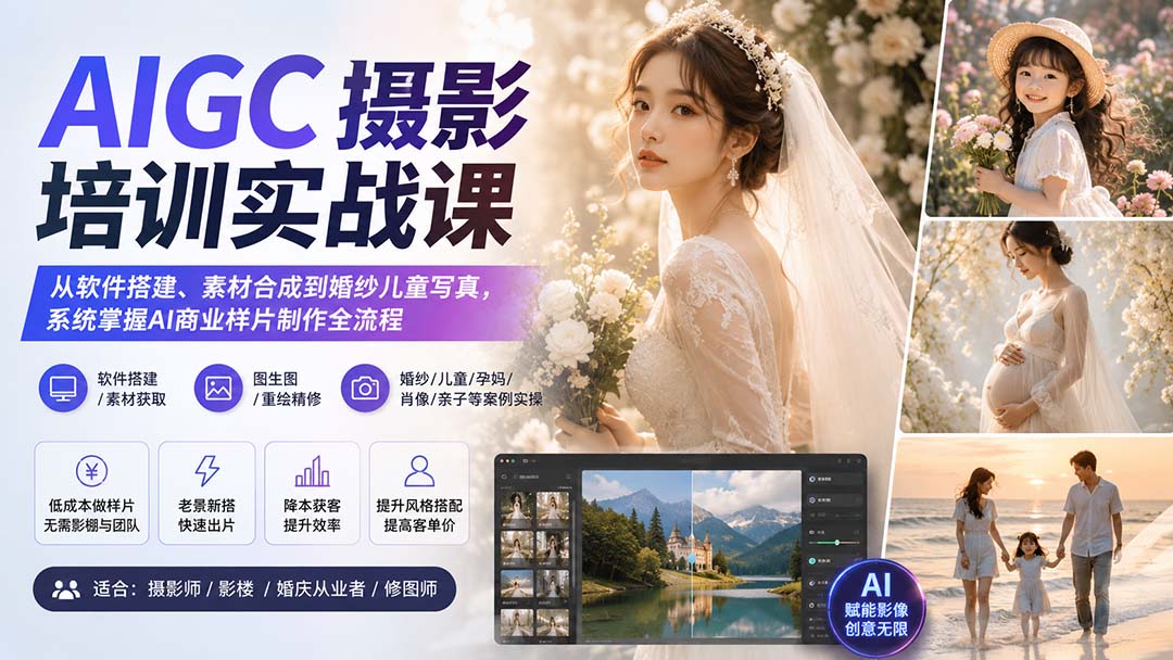 AIGC摄影培训实战课:从软件搭建、素材合成到婚纱儿童写真,系统掌握AI商业样片制作全流程-鼎誉项目网