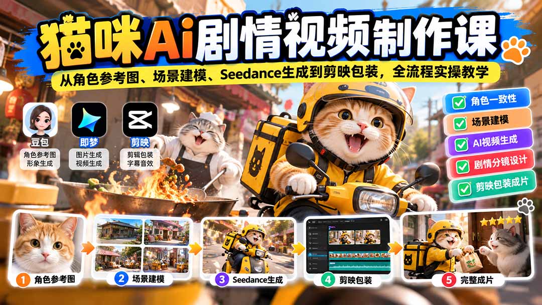 猫咪AI剧情视频制作课:从角色参考图、场景建模、Seedance生成到剪映包装,全流程实操教学-鼎誉项目网