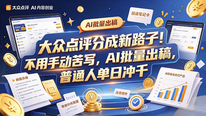 大众点评副业新玩法，工具提效解放双手，批量做笔记，单日可破千-鼎誉项目网
