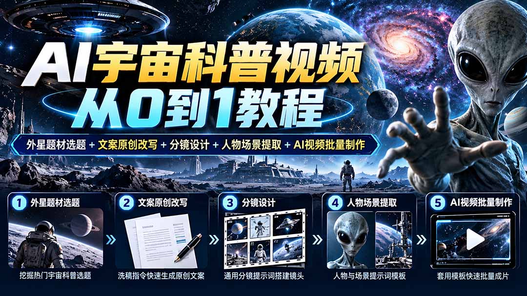 AI宇宙科普视频从0到1教程|外星题材选题+文案原创改写+分镜设计+人物场景提取+AI视频批量制作-鼎誉项目网