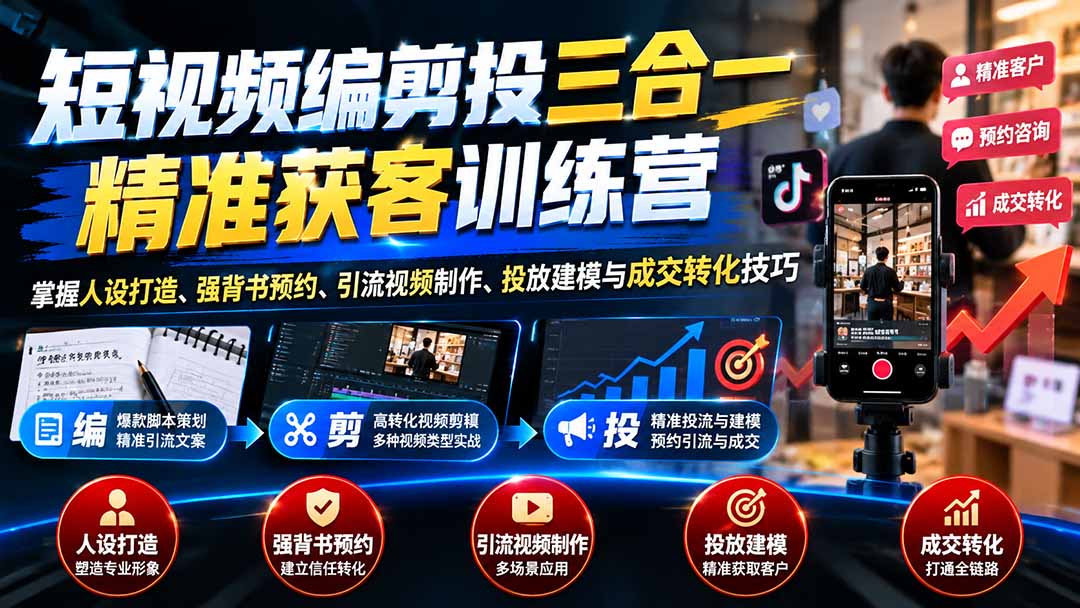 短视频编剪投三合一精准获客训练营：掌握人设打造、强背书预约、引流视频制作、投放建模与成交转化技巧-鼎誉项目网