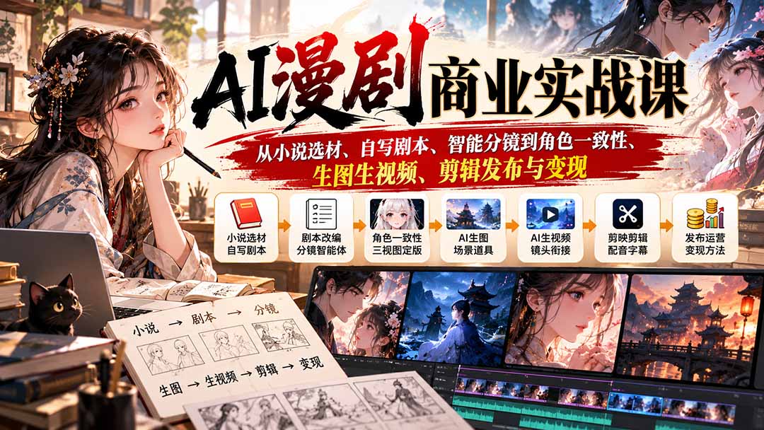 AI漫剧商业实战课:从小说选材、自写剧本、智能分镜到角色一致性、生图生视频、剪辑发布与变现-鼎誉项目网
