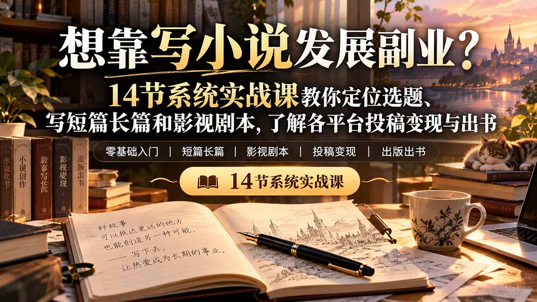 【无水印】想靠写小说发展副业？14节系统实战课教你定位选题、写短篇长篇和影视剧本，了解各平台投稿变现与出书-鼎誉项目网