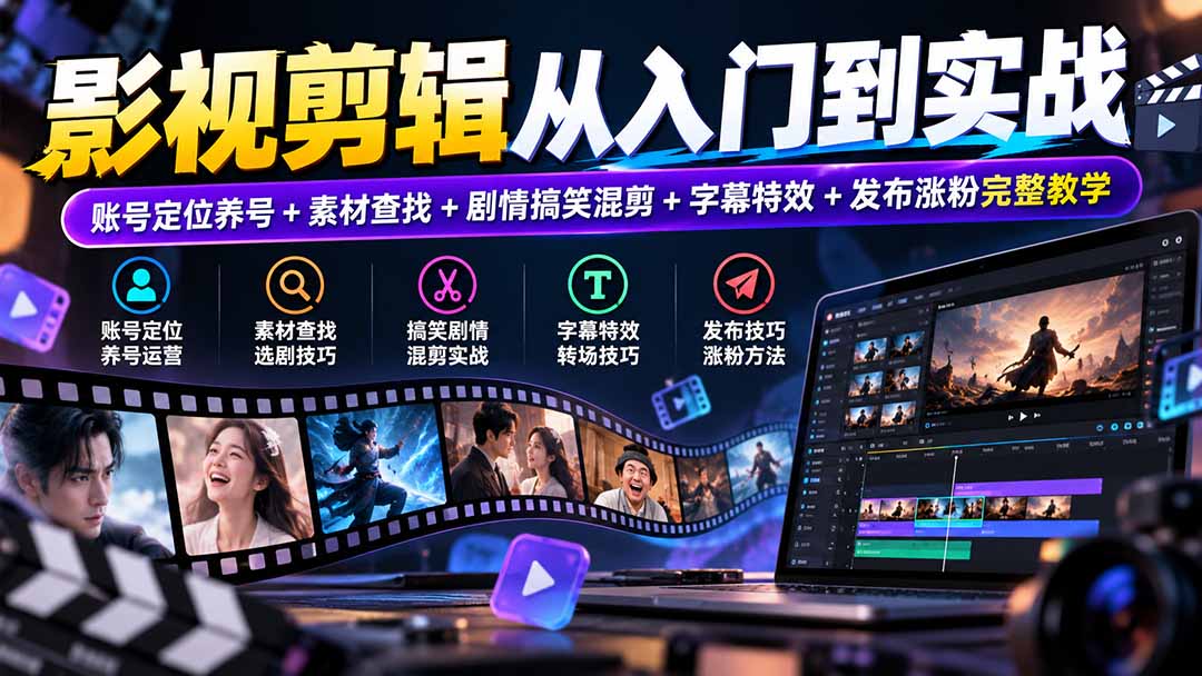 影视剪辑从入门到实战:账号定位养号+素材查找+剧情搞笑混剪+字幕特效+发布涨粉完整教学-鼎誉项目网