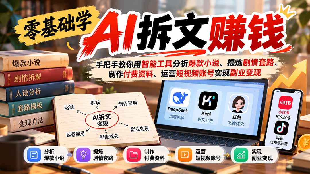 零基础学AI拆文赚钱：手把手教你用智能工具分析爆款小说、提炼剧情套路、制作付费资料、运营短视频账号实现副业变现-鼎誉项目网