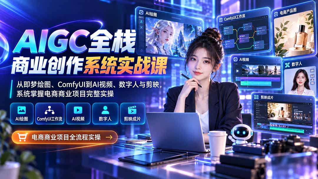 AIGC全栈商业创作系统实战课-更新1017：从即梦绘图、ComfyUI到AI视频、数字人与剪映，系统掌握电商商业项目完整实操-鼎誉项目网