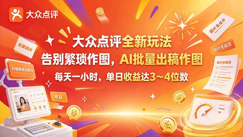 大众点评全新玩法，不用繁琐作图，AI 批量出稿作图，每天一小时，单日收益达 3～4 位数-鼎誉项目网