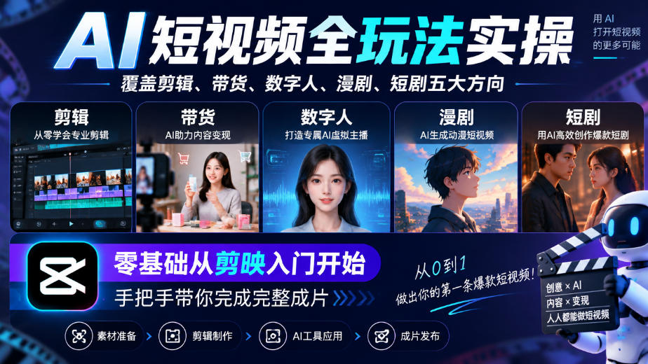 AI短视频全玩法实操,覆盖剪辑、带货、数字人、漫剧、短剧五大方向,零基础从剪映入门开始,手把手带你完成完整成片-鼎誉项目网