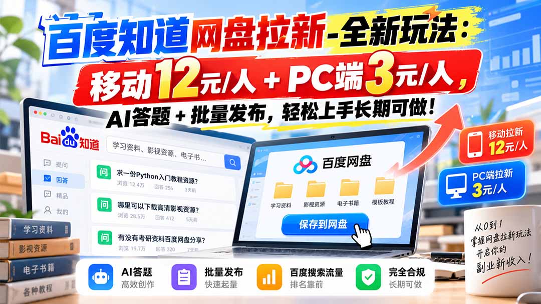 百度知道网盘拉新-全新玩法:移动12元/人+PC端3元/人,AI答题+批量发布,轻松上手长期可做!-鼎誉项目网