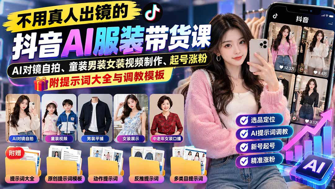 不用真人出镜的抖音AI服装带货课:AI对镜自拍、童装男装女装视频制作、起号涨粉,附提示词大全与调教模板-鼎誉项目网