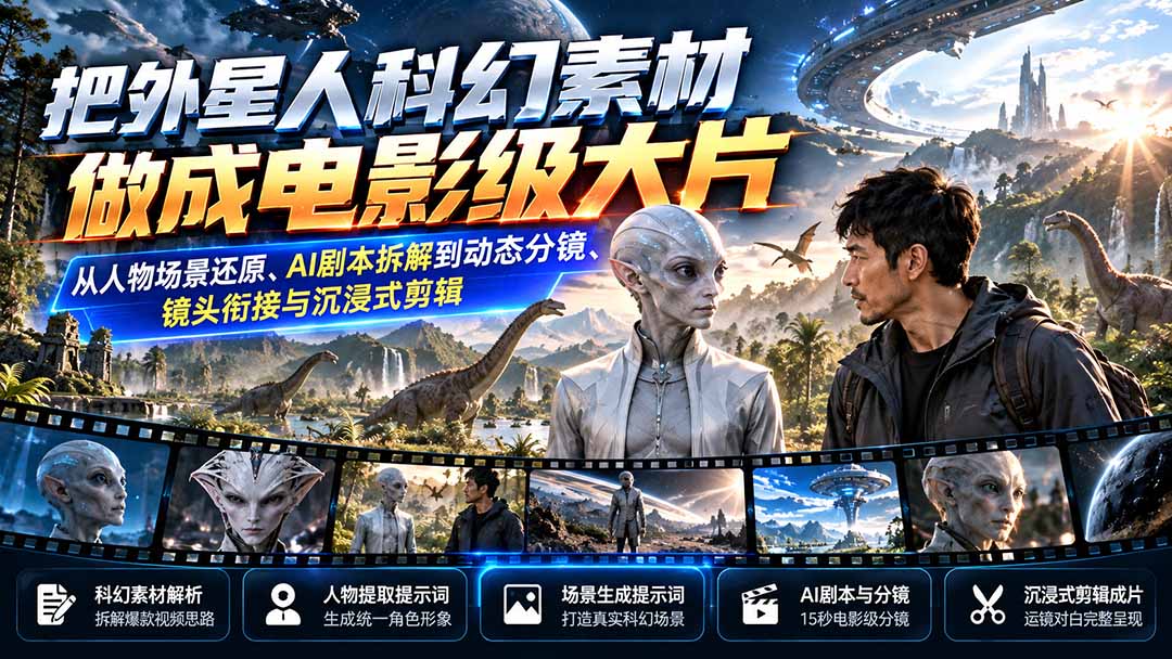 把外星人科幻素材做成电影级大片:从人物场景还原、AI剧本拆解到动态分镜、镜头衔接与沉浸式剪辑-鼎誉项目网