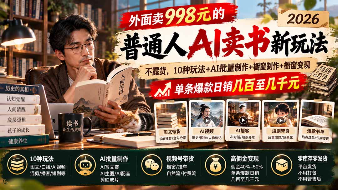 外面卖998元的2026普通人AI卖书新玩法：不露脸、不囤货，10种玩法+AI批量制作+橱窗变现，单条爆款日销几百至几千元-鼎誉项目网