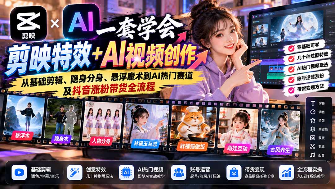 一套学会剪映特效+AI视频创作：从基础剪辑、隐身分身、悬浮魔术到AI热门赛道及抖音涨粉带货全流程-鼎誉项目网
