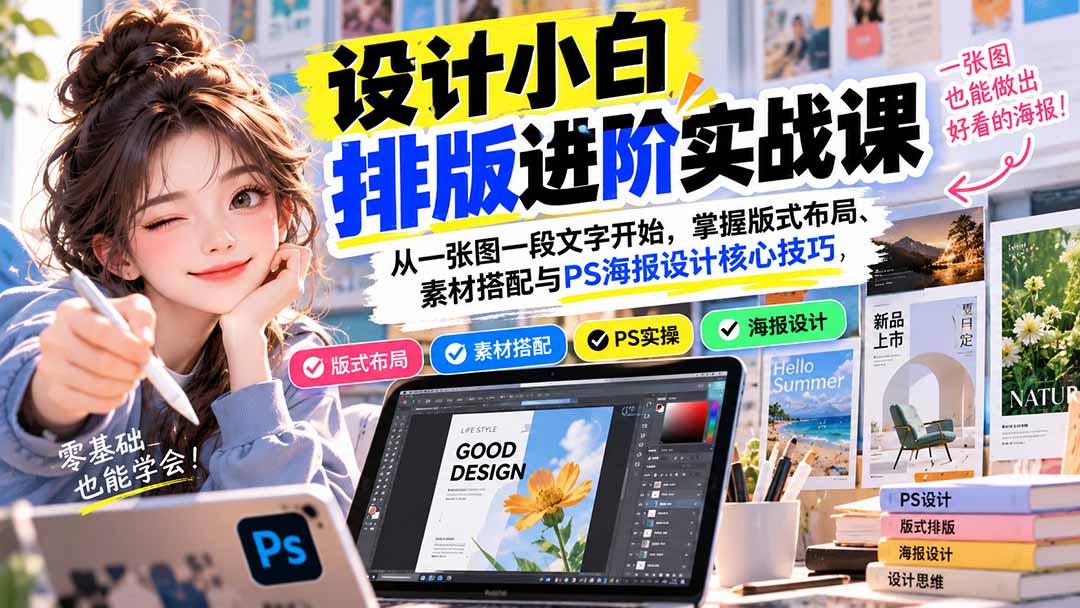 设计小白排版进阶实战课:从一张图一段文字开始,掌握版式布局、素材搭配与PS海报设计核心技巧-鼎誉项目网