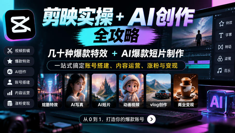 剪映实操+AI创作全攻略｜几十种爆款特效+AI爆款短片制作，一站式搞定账号搭建、内容运营、涨粉与变现-鼎誉项目网