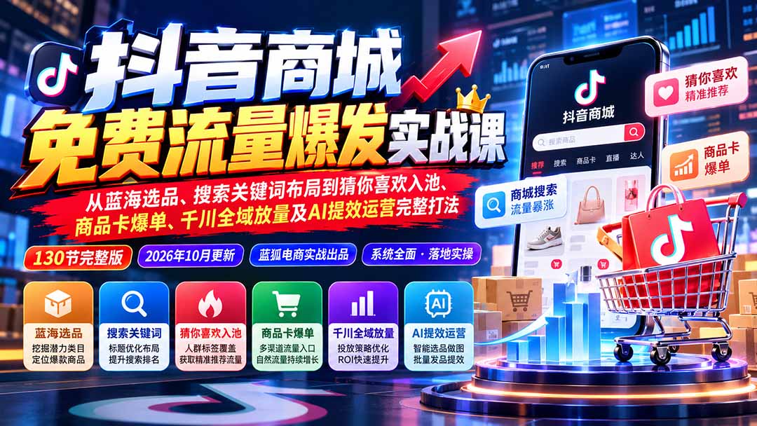 抖音商城免费流量爆发实战:从蓝海选品、搜索关键词布局到猜你喜欢入池、商品卡爆单、千川全域放量及AI提效完整打法-鼎誉项目网