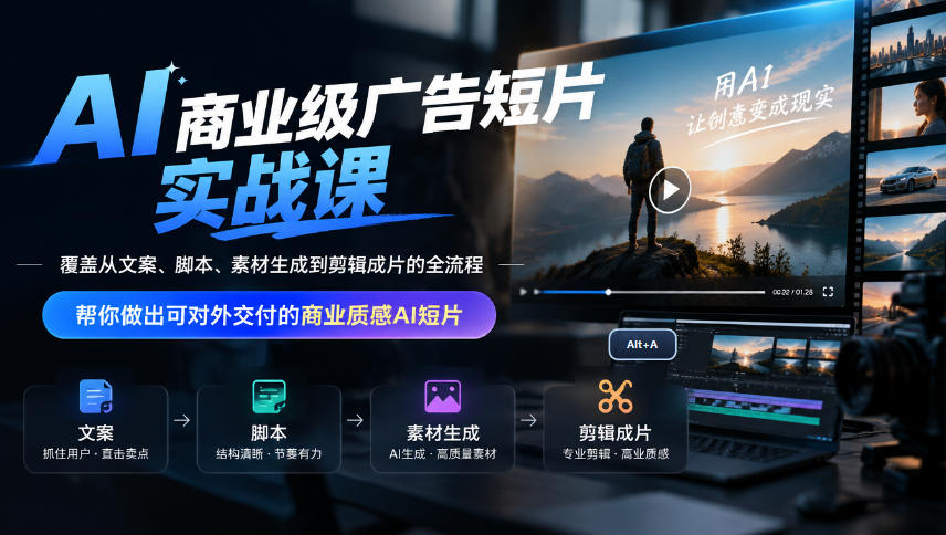 AI商业级广告短片实战课,覆盖从文案、脚本、素材生成到剪辑成片的全流程,帮你做出可对外交付的商业质感AI短片-鼎誉项目网