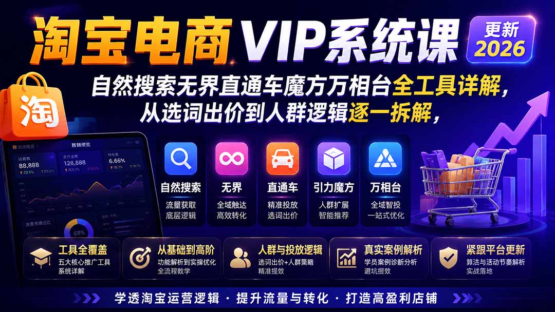 2026淘宝电商终局之战VIP课-更新1022：自然搜索+直通车+无界+精准人群，系统掌握测款动销与全店推广布局方法-鼎誉项目网