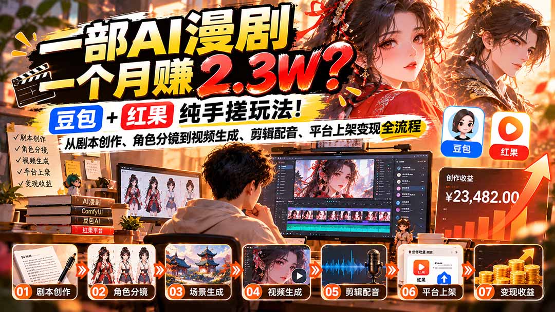 一部AI漫剧一个月赚2.3W?豆包+红果纯手搓玩法!从剧本创作、角色分镜到视频生成、剪辑配音、平台上架变现全流程-鼎誉项目网