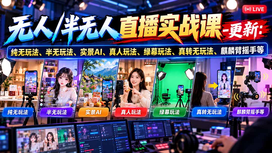 无人/半无人直播实战课-10月20更新：纯无玩法、半无玩法、实景AI、真人玩法、绿幕玩法、真转无玩法、麒麟臂摇手等-鼎誉项目网