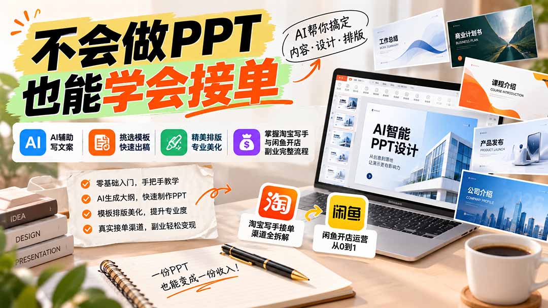 不会做PPT也能学会接单:AI辅助写文案、挑模板、做排版,掌握淘宝写手与闲鱼开店副业完整流程-鼎誉项目网
