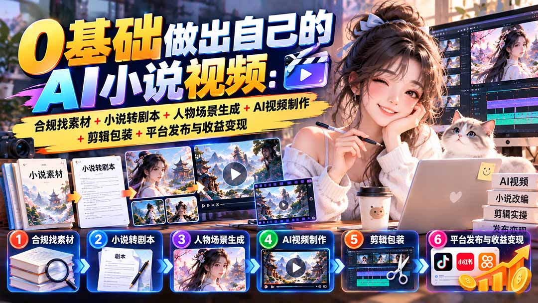 0基础做出自己的AI小说视频:合规找素材+小说转剧本+人物场景生成+AI视频制作+剪辑包装+平台发布与收益变现-鼎誉项目网