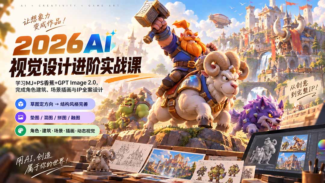 2026AI视觉设计进阶实战课-更新1007:学习MJ+PS香蕉+GPT Image 2.0,完成角色建筑、场景插画与IP全案设计-鼎誉项目网